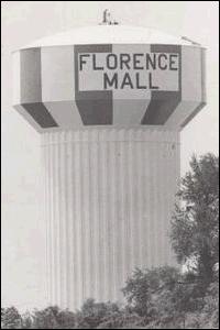 Florence water tower displaying the original Florence Mall lettering before the 1974 change
