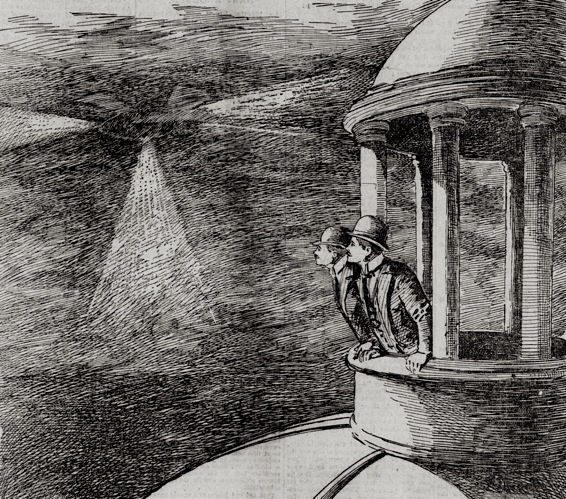 1896 newspaper illustration of a mysterious cigar-shaped airship over San Francisco