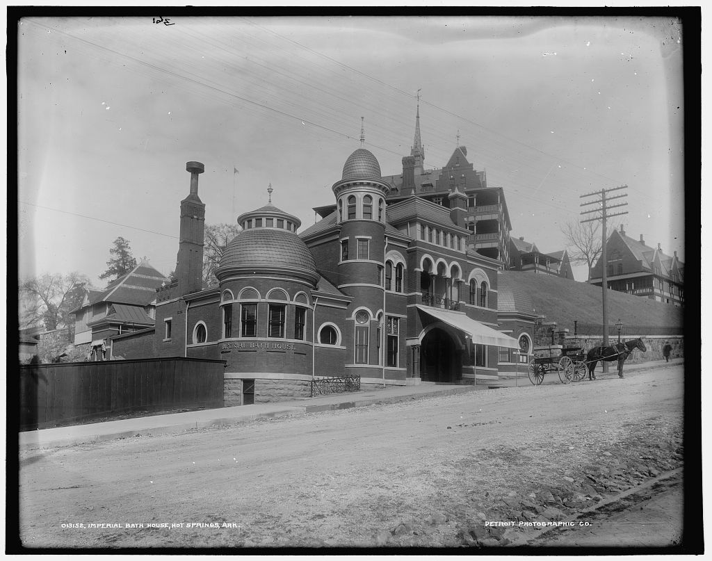 Historic exterior of the Imperial Bath House in Hot Springs, Arkansas