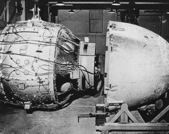 Fat Man atomic bomb physics package being assembled on Tinian in 1945