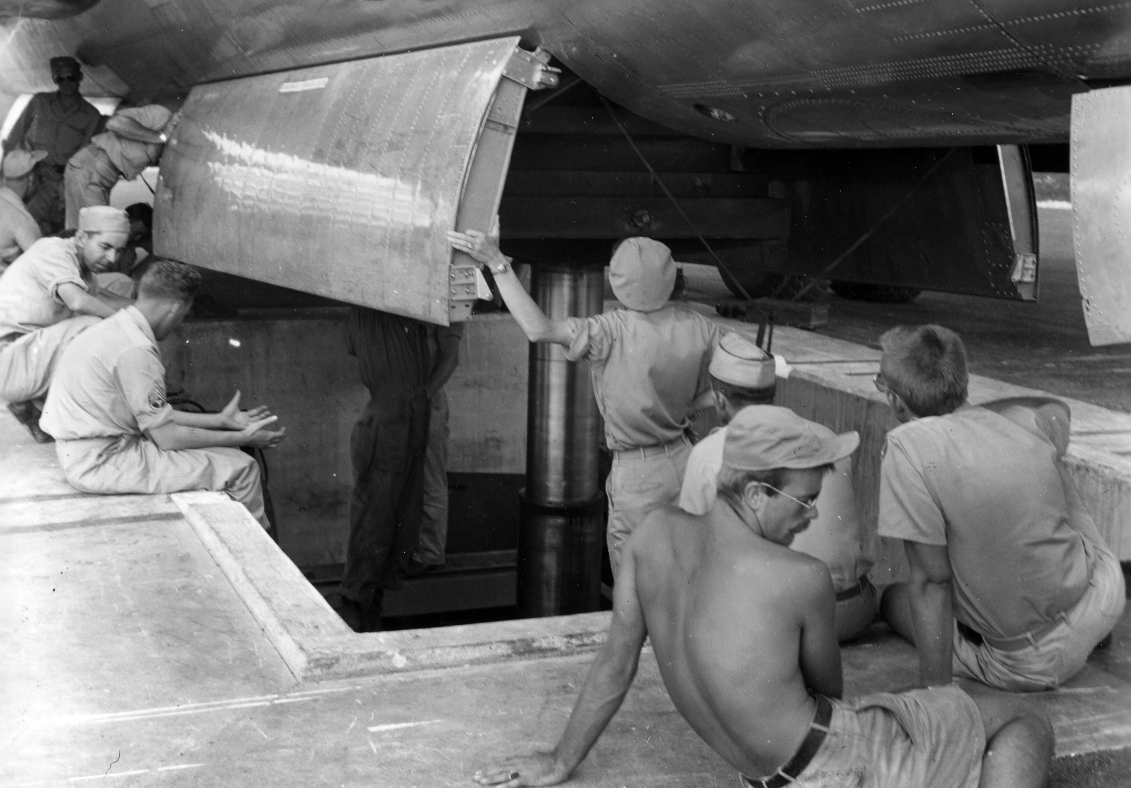 Little Boy atomic bomb being loaded aboard a B-29 on Tinian in August 1945