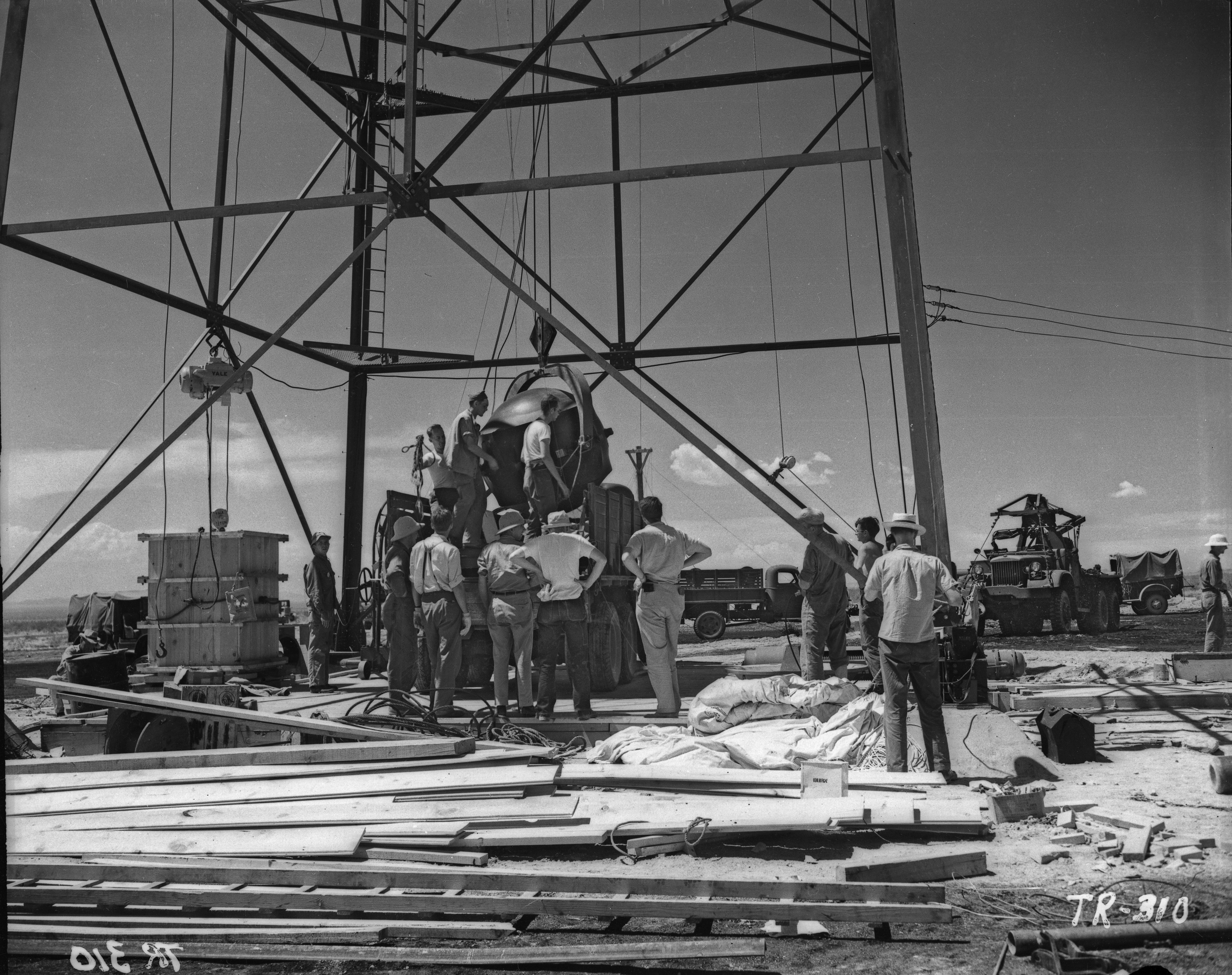The Trinity Gadget being prepared before the July 1945 nuclear test